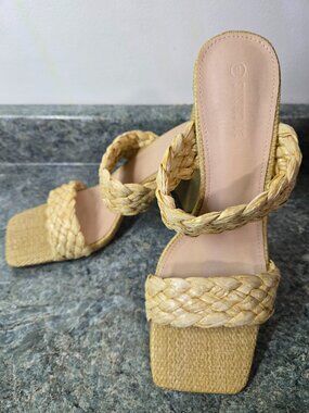 Syktkmx Women’s Braided Block Heel Slides Open Toe Backless Natural Size 9